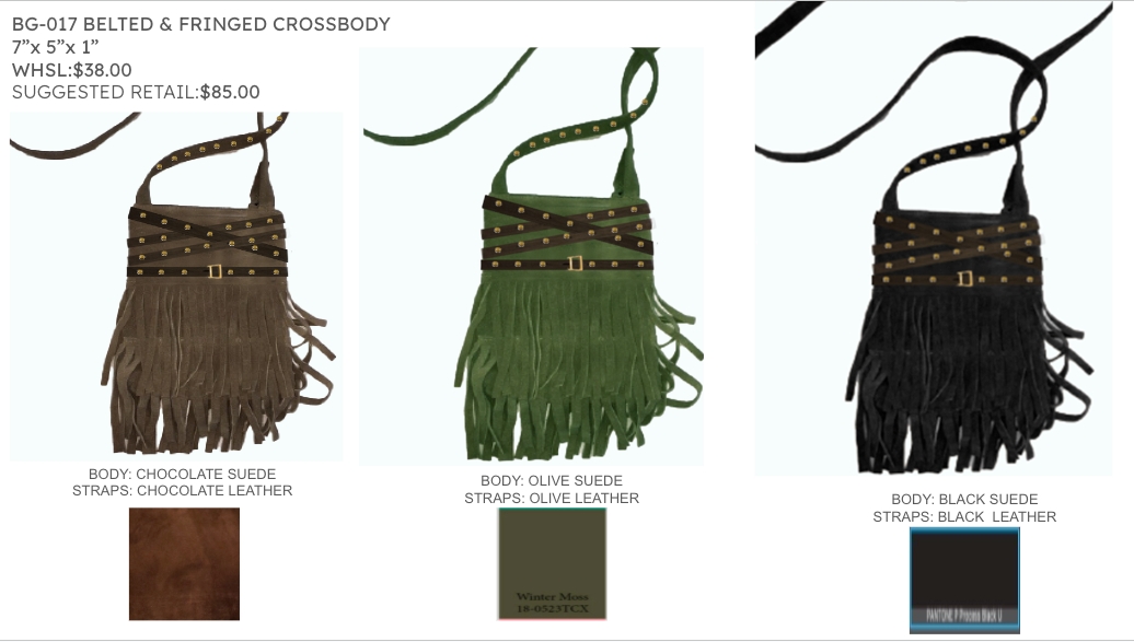 851N Trend Select 516 Cow Suede Belted & Fringed  Crossbody $38.00 50 pcs minimum