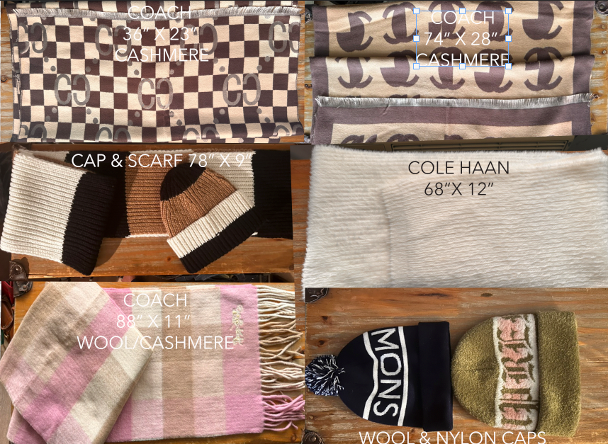 Stock lot # 456  accessories package cashmere scarfs & hats, leather handbags  60 pcs